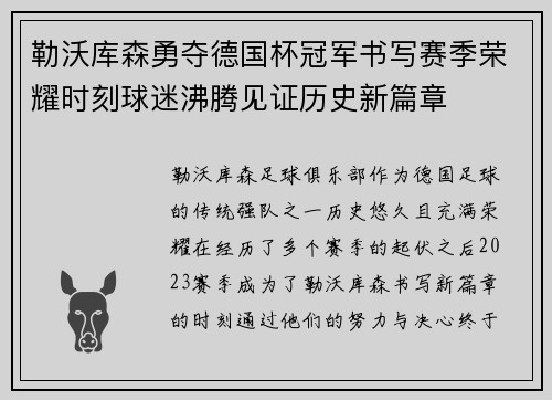 勒沃库森勇夺德国杯冠军书写赛季荣耀时刻球迷沸腾见证历史新篇章