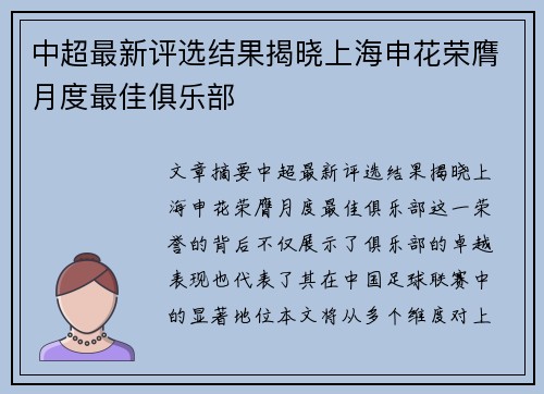 中超最新评选结果揭晓上海申花荣膺月度最佳俱乐部